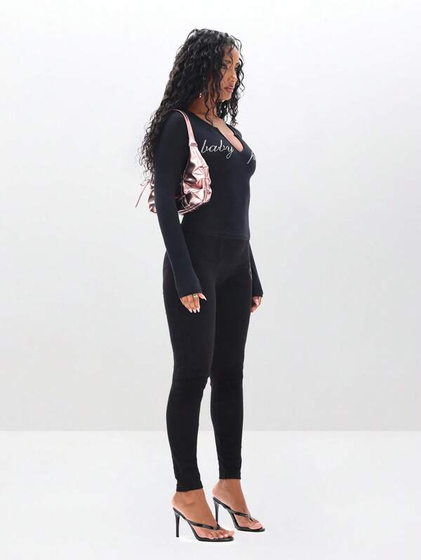 BABYPHAT Rhinestone Studded Long Sleeve Notch Neck Top With Statement Text Design For Fall Winter