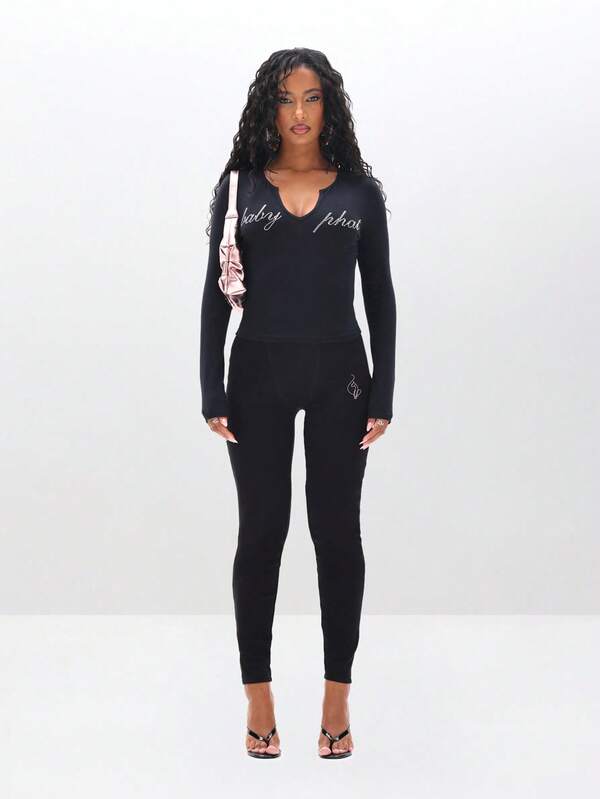 BABYPHAT Rhinestone Studded Long Sleeve Notch Neck Top With Statement Text Design For Fall Winter