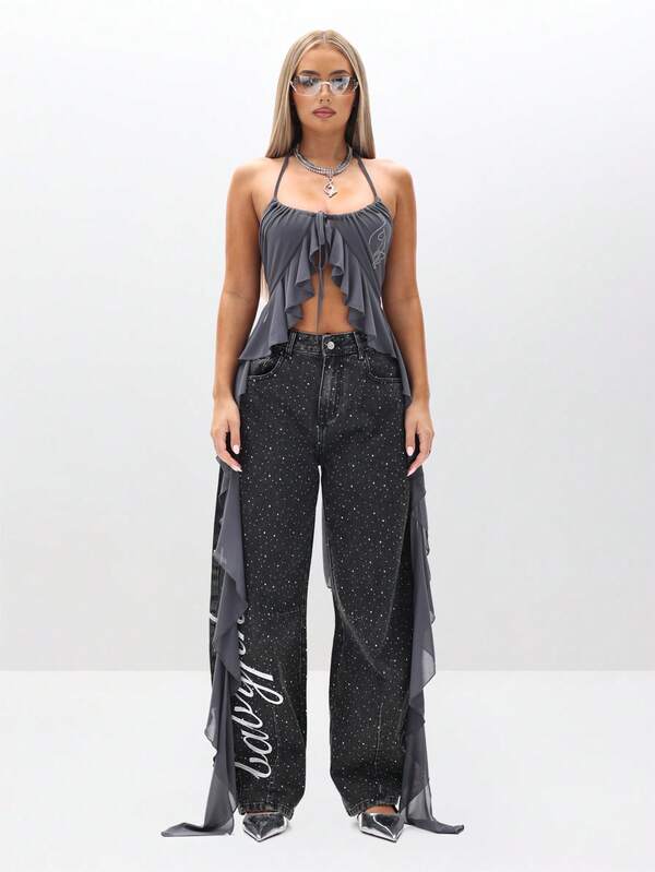 BABYPHAT Rhinestone Studded Wide Leg Barrel Jeans With Side Script Detail