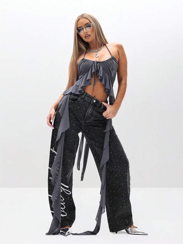 BABYPHAT Rhinestone Studded Wide Leg Barrel Jeans With Side Script Detail
