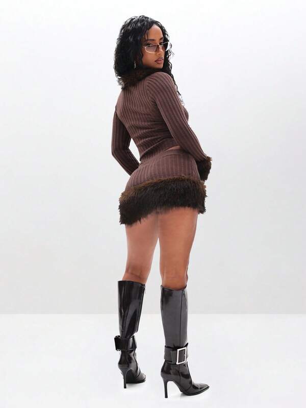 BABYPHAT Ribbed Mini Skirt With Faux Fur Trim For Winter Fall Cozy Knit