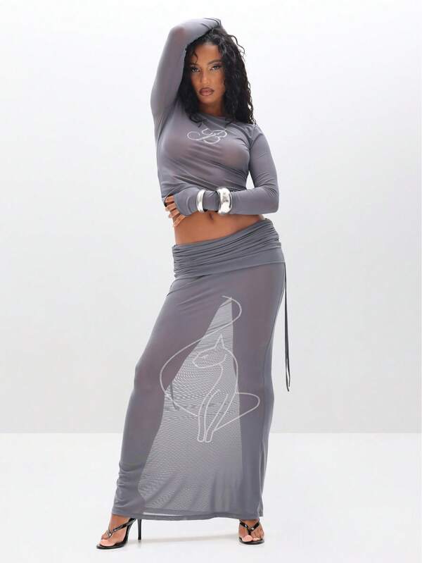 BABYPHAT Ruched Detail Mesh Maxi Skirt With Rhinestone Embellishments Floor Length Evening Skirt