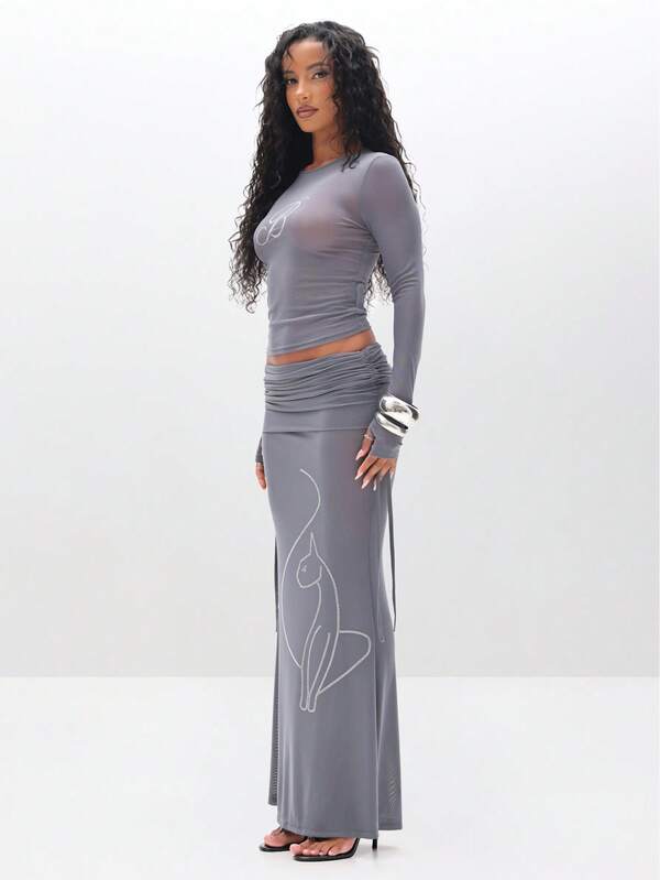 BABYPHAT Ruched Detail Mesh Maxi Skirt With Rhinestone Embellishments Floor Length Evening Skirt