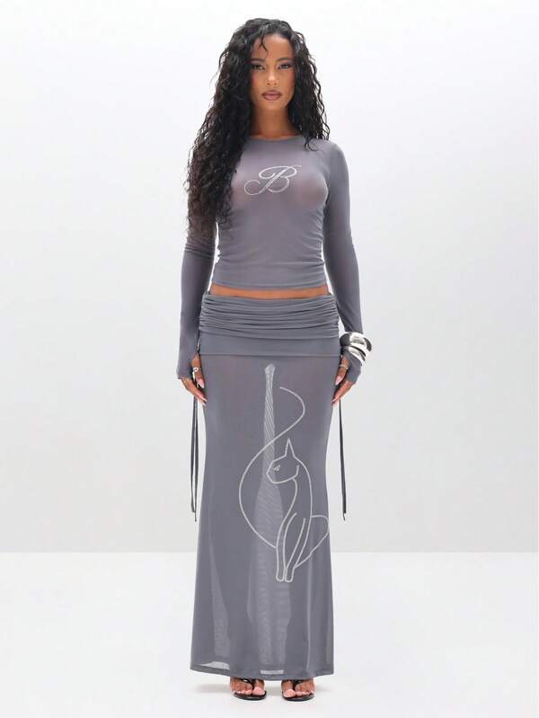 BABYPHAT Ruched Detail Mesh Maxi Skirt With Rhinestone Embellishments Floor Length Evening Skirt