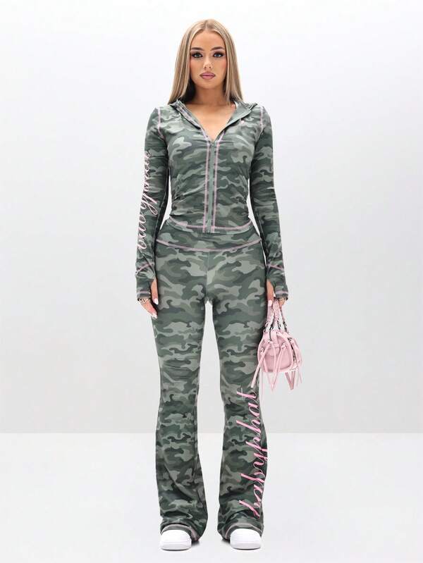 BABYPHAT Slim Fit Jersey Zip Up Hoodie With Camouflage Print And Contrast Stitching Detail For Casual Everyday Wear