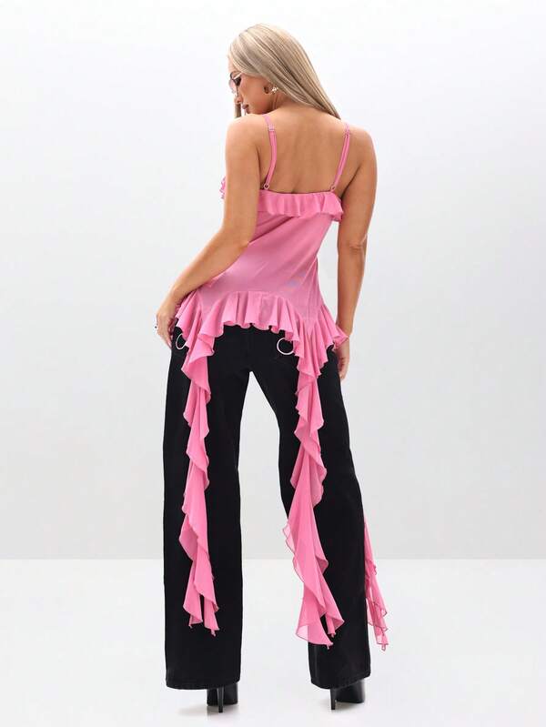 BABYPHAT Strappy Ruffle Cami Top With Waterfall Mesh Details And Tie Front Closure