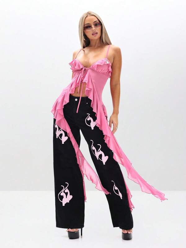 BABYPHAT Strappy Ruffle Cami Top With Waterfall Mesh Details And Tie Front Closure