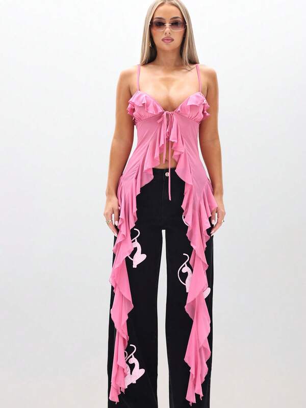 BABYPHAT Strappy Ruffle Cami Top With Waterfall Mesh Details And Tie Front Closure