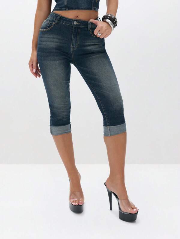 BABYPHAT Stretch Denim Capri Jeans With Turn Up Hems Mid Rise Cropped Pants Summer Casual Bottoms