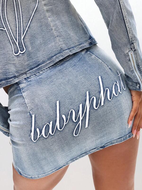 BABYPHAT Stretch Denim Lace Up Mini Skirt With Embroidery Detail High Waisted Casual Festival Vintage Distressed