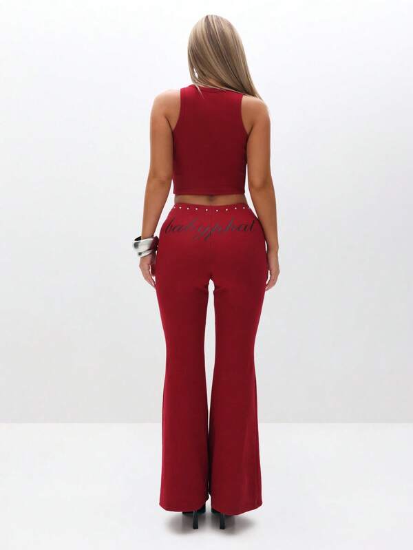 BABYPHAT Studded Waistband Detailing Ribbed Leggings For Women Casual Everyday Wear