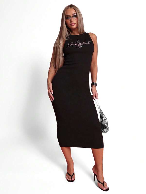 BABYPHAT Summer Fashion Letter Print Sleeveless Bodycon Dress