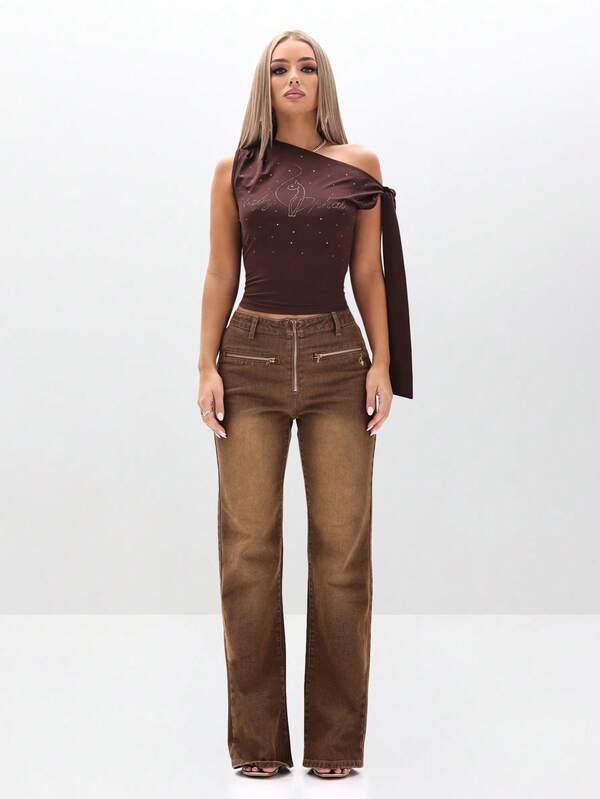 BABYPHAT Tie Detail One Shoulder Top With Rhinestone Embellishment Off Shoulder Blouse For Women