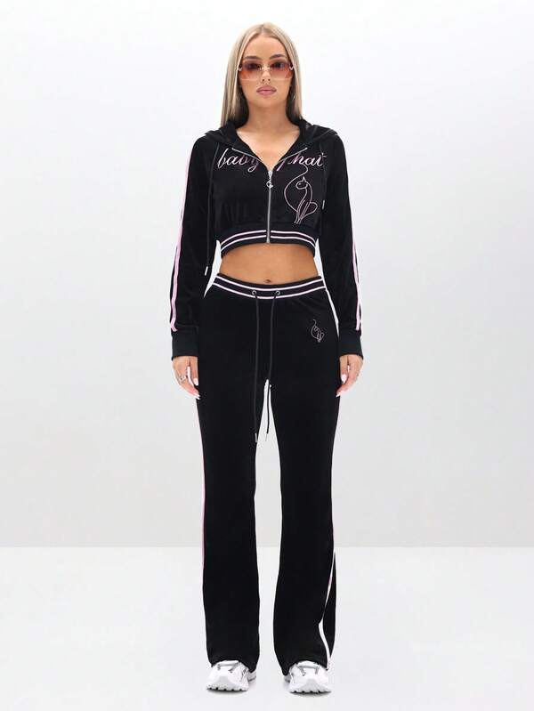 BABYPHAT Velour Hooded Zip-Up Cropped Sweatshirt With Embroidery And Contrast Trim For Lounge Comfort Autumn Winter Clothes For Women