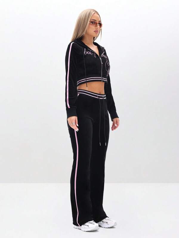BABYPHAT Velour Hooded Zip-Up Cropped Sweatshirt With Embroidery And Contrast Trim For Lounge Comfort Autumn Winter Clothes For Women