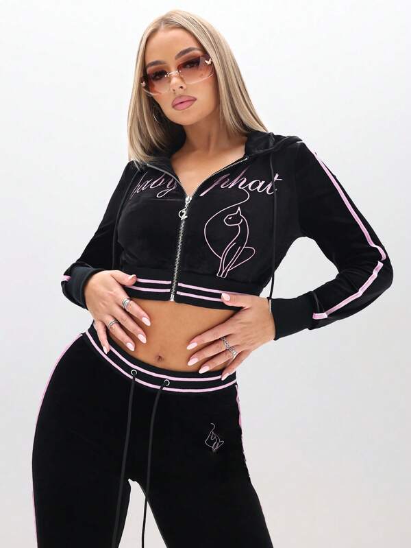 BABYPHAT Velour Hooded Zip-Up Cropped Sweatshirt With Embroidery And Contrast Trim For Lounge Comfort Autumn Winter Clothes For Women