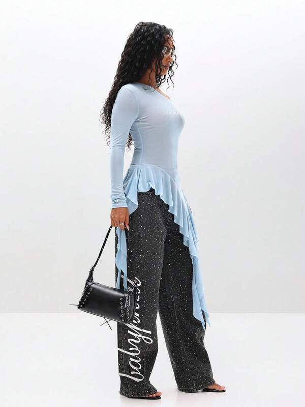 BABYPHAT Waterfall Ruffle Mesh Top With Long Sleeves And One Shoulder Rhinestone Detail For Party Evening Occasions