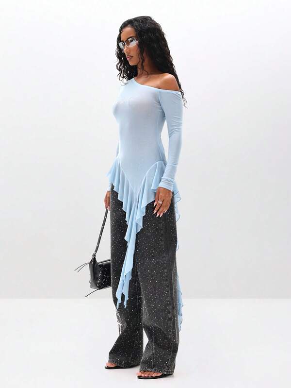 BABYPHAT Waterfall Ruffle Mesh Top With Long Sleeves And One Shoulder Rhinestone Detail For Party Evening Occasions