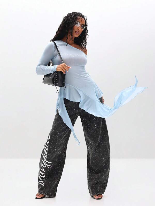 BABYPHAT Waterfall Ruffle Mesh Top With Long Sleeves And One Shoulder Rhinestone Detail For Party Evening Occasions