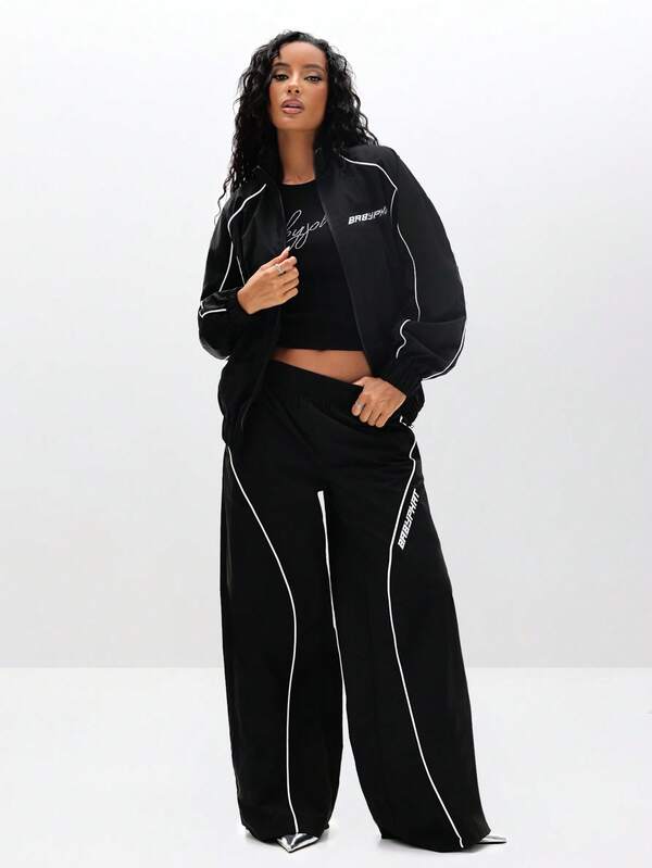 BABYPHAT Wide Leg Nylon Trackpants With Piping Detail Casual Loose Fit Sweatpants