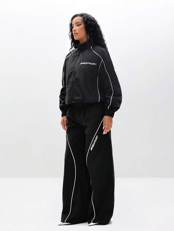 BABYPHAT Wide Leg Nylon Trackpants With Piping Detail Casual Loose Fit Sweatpants