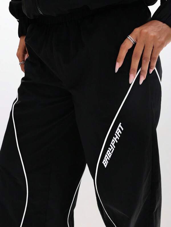 BABYPHAT Wide Leg Nylon Trackpants With Piping Detail Casual Loose Fit Sweatpants