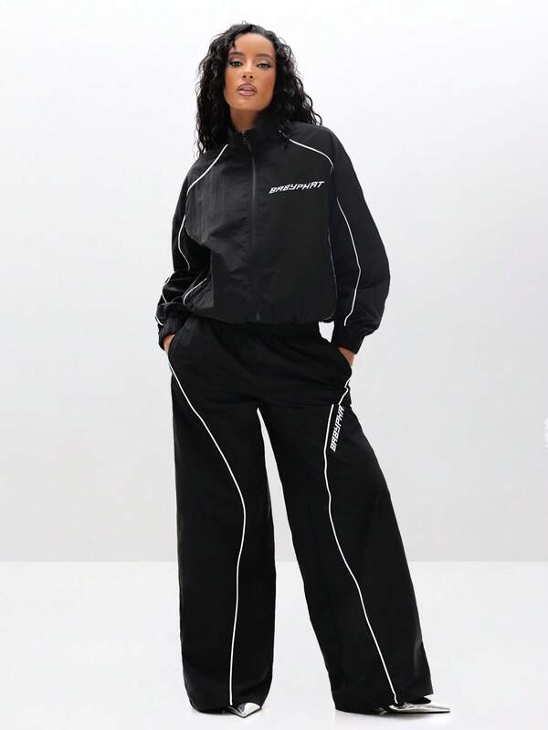 BABYPHAT Wide Leg Nylon Trackpants With Piping Detail Casual Loose Fit Sweatpants
