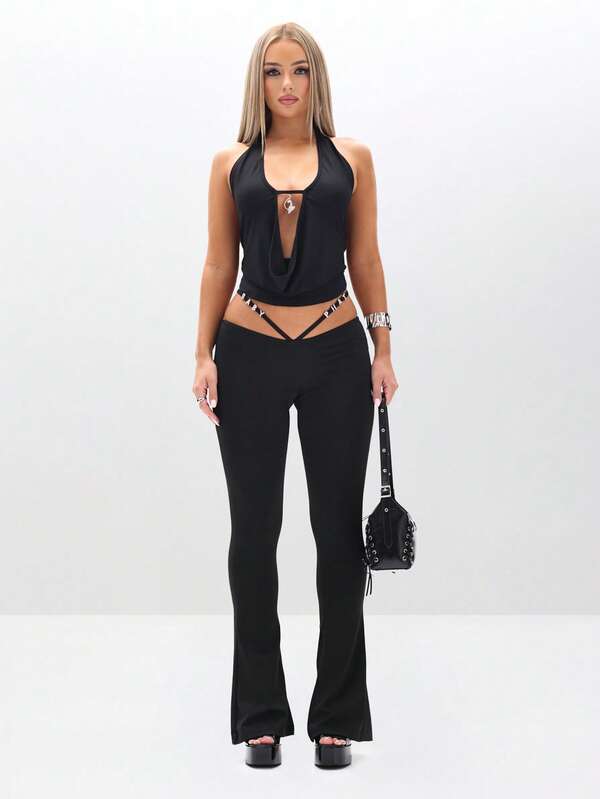 BABYPHAT Women Flared Logo Trousers Low Waist Wide Leg Pants Y2K Fashion Statement Bottoms