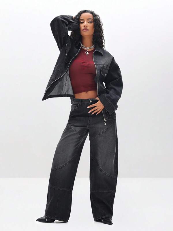 BABYPHAT Women's Barrel Jeans With Paneling Details High Waisted Relaxed Fit Denim Wide Leg Pants