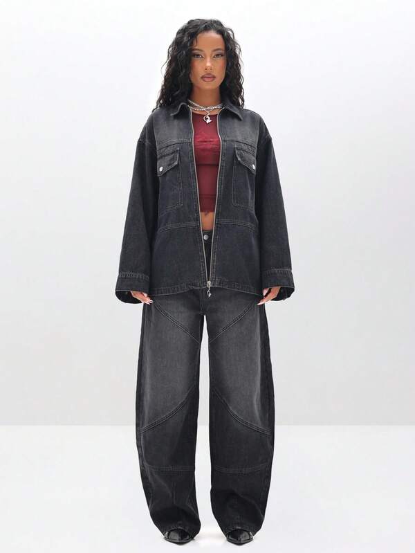 BABYPHAT Women's Barrel Jeans With Paneling Details High Waisted Relaxed Fit Denim Wide Leg Pants