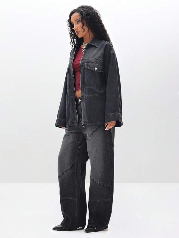 BABYPHAT Women's Barrel Jeans With Paneling Details High Waisted Relaxed Fit Denim Wide Leg Pants