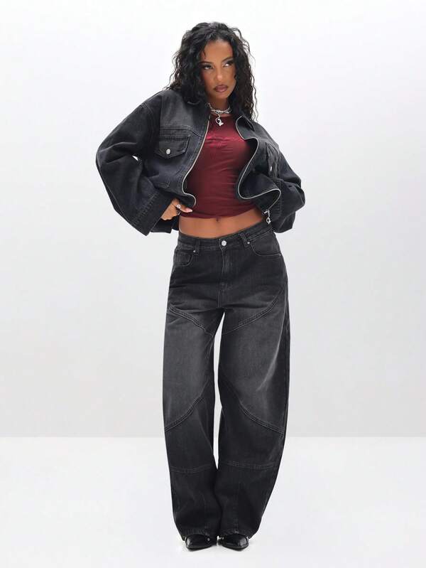 BABYPHAT Women's Barrel Jeans With Paneling Details High Waisted Relaxed Fit Denim Wide Leg Pants