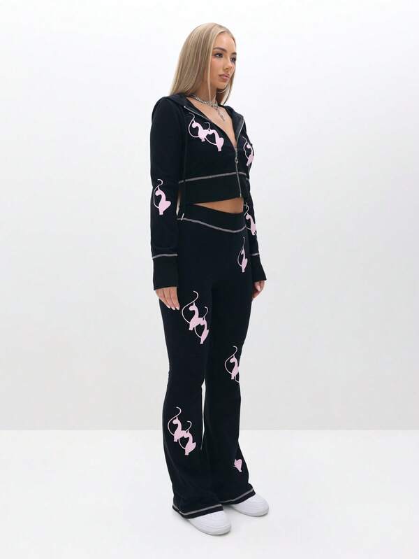 BABYPHAT Women's Cartoon Cat Print Long Sleeve Zip Front Cropped Hoodie