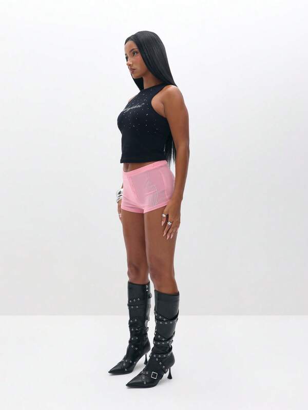 BABYPHAT Women's Y2K Letter Rhinestone Cropped Fashionable Round Neck Camisole