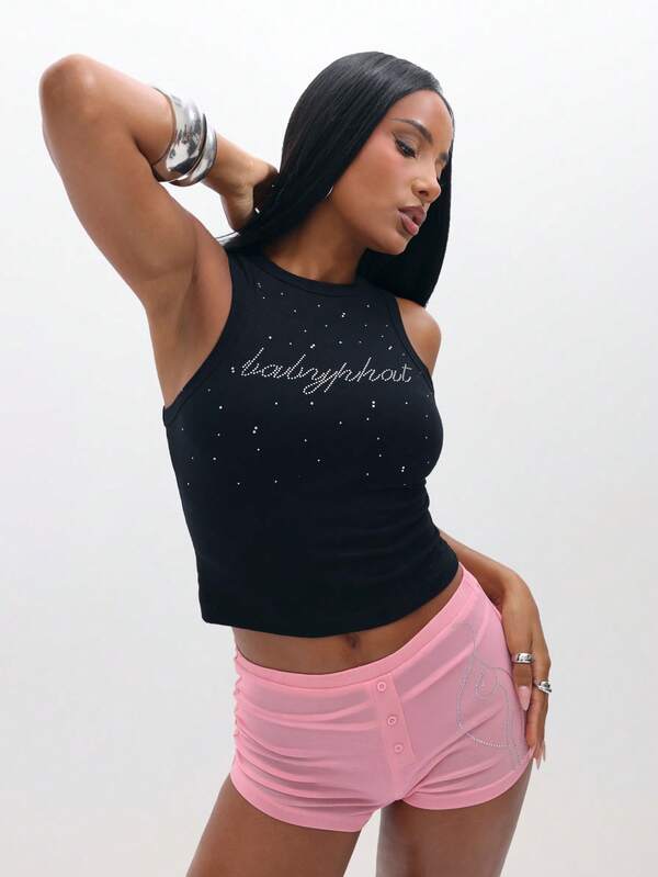 BABYPHAT Women's Y2K Letter Rhinestone Cropped Fashionable Round Neck Camisole