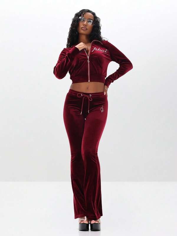BABYPHAT Women Velour Funnel Neck Zip Up Sweatshirt With Rhinestone Text Embellishment Long Sleeve Cropped Top
