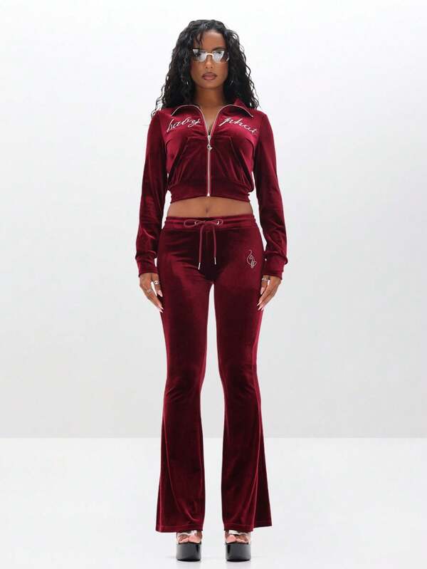 BABYPHAT Women Velour Funnel Neck Zip Up Sweatshirt With Rhinestone Text Embellishment Long Sleeve Cropped Top