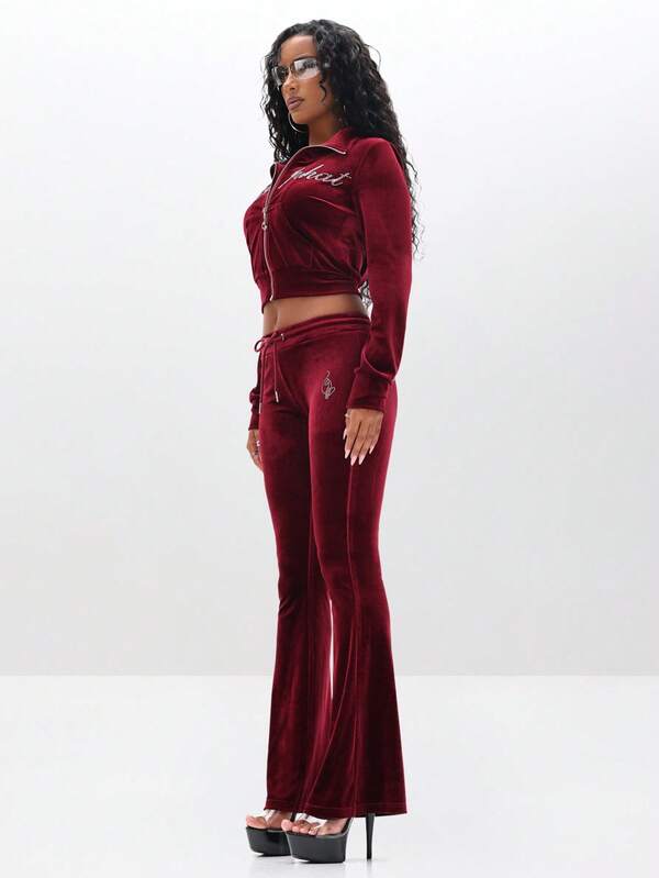 BABYPHAT Women Velour Funnel Neck Zip Up Sweatshirt With Rhinestone Text Embellishment Long Sleeve Cropped Top