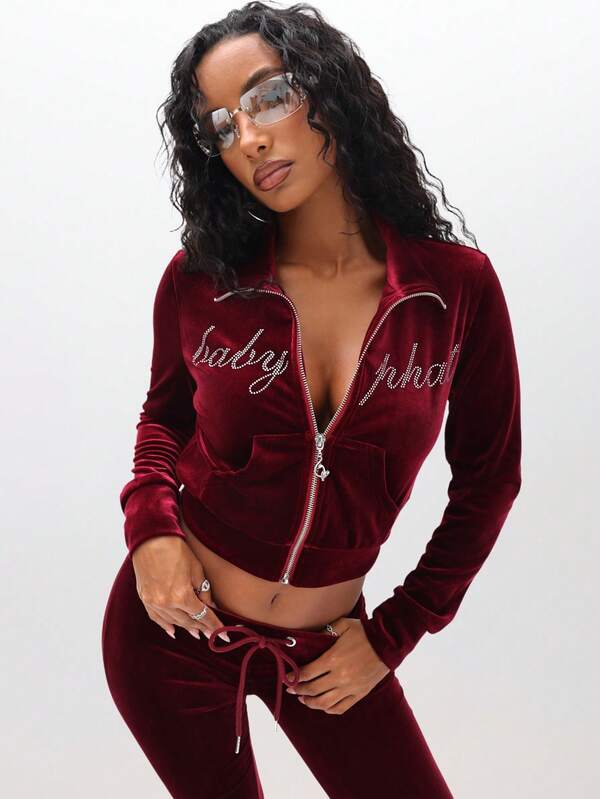 BABYPHAT Women Velour Funnel Neck Zip Up Sweatshirt With Rhinestone Text Embellishment Long Sleeve Cropped Top