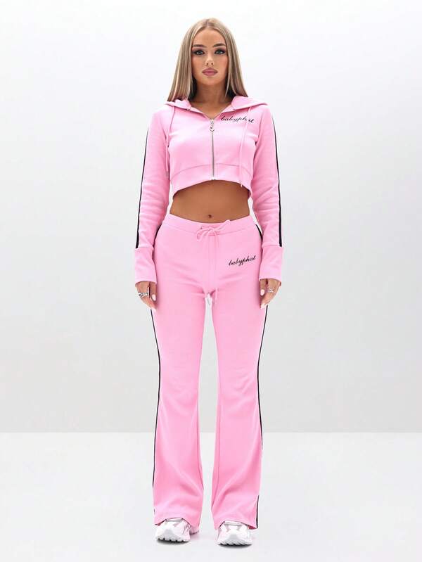 BABYPHAT Zip Up Hooded Sweatshirt With Ribbed Texture And Logo Print For Casual Comfort