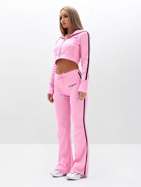 BABYPHAT Zip Up Hooded Sweatshirt With Ribbed Texture And Logo Print For Casual Comfort