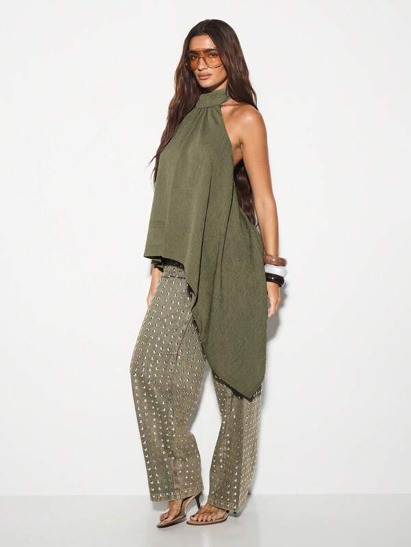 KIZN Asymmetrical Halter Neck Summer Festival Top High Low Drape Style Flowing Tank Vacation Resort Party Evening Sleeveless Blouse Club Wear Essentials