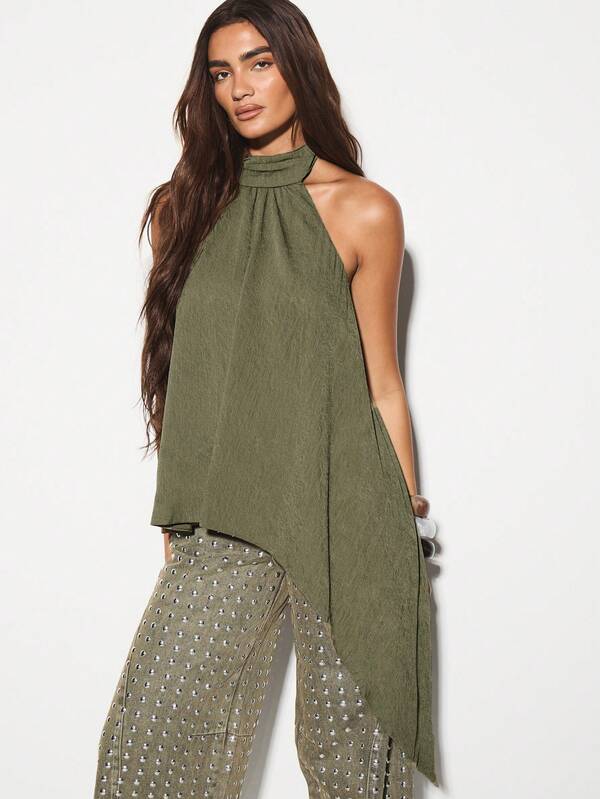 KIZN Asymmetrical Halter Neck Summer Festival Top High Low Drape Style Flowing Tank Vacation Resort Party Evening Sleeveless Blouse Club Wear Essentials