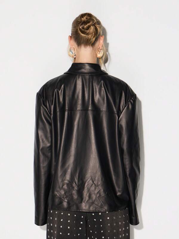 KIZN Black Faux Leather Field Jacket With Zip Closure And Collar For Women