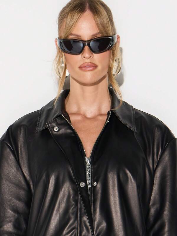 KIZN Black Faux Leather Field Jacket With Zip Closure And Collar For Women