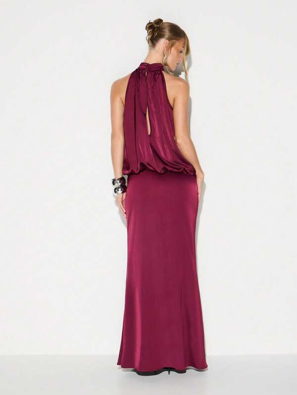KIZN Burgundy Halter Neck Blouson Waist Satin Maxi Dress For Evening Cocktail Wedding Guest Formal Occasions