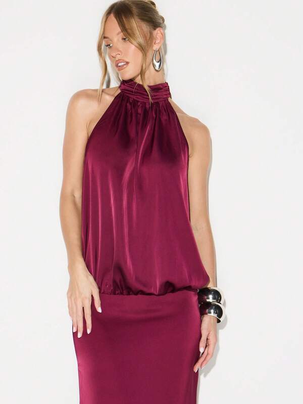 KIZN Burgundy Halter Neck Blouson Waist Satin Maxi Dress For Evening Cocktail Wedding Guest Formal Occasions