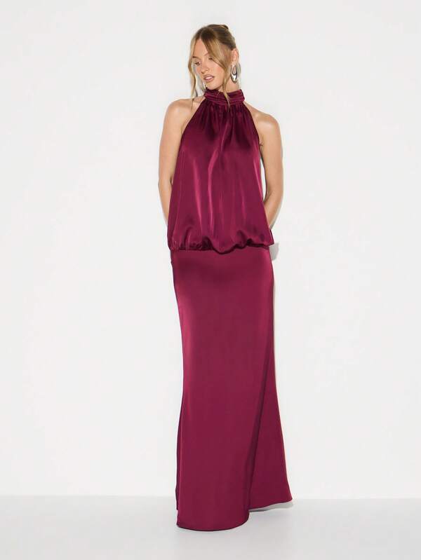 KIZN Burgundy Halter Neck Blouson Waist Satin Maxi Dress For Evening Cocktail Wedding Guest Formal Occasions