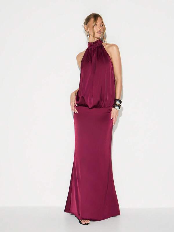 KIZN Burgundy Halter Neck Blouson Waist Satin Maxi Dress For Evening Cocktail Wedding Guest Formal Occasions