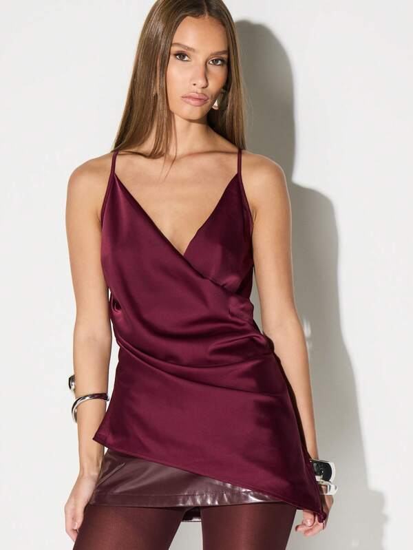 KIZN Burgundy Satin Cowl Neck Wrap Blouse With Cross Back Straps Fall Evening Top
